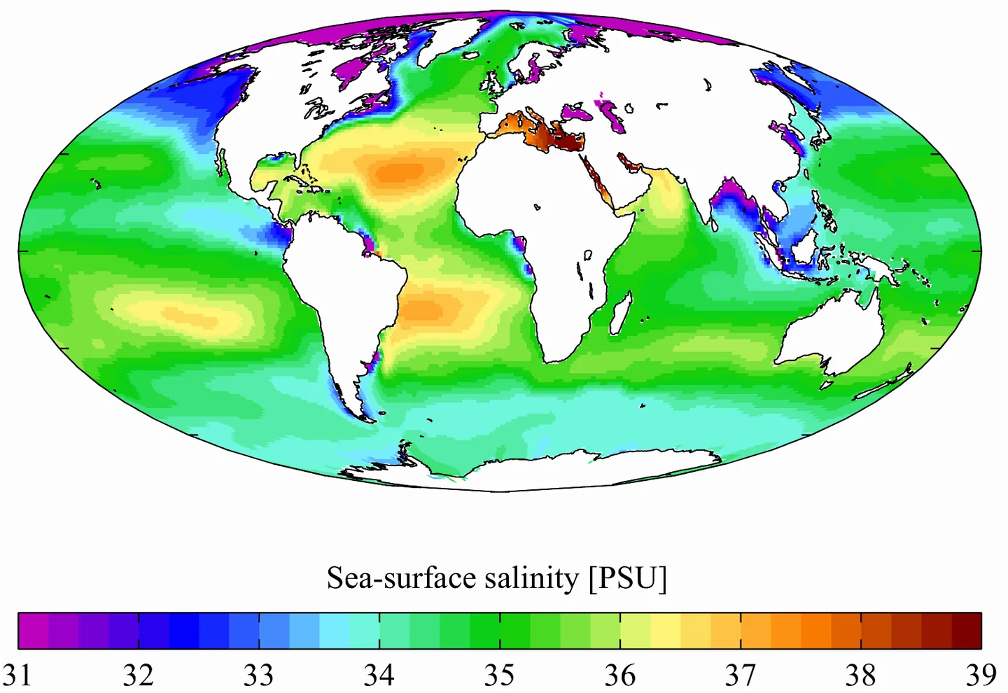 Répartition schématique de la salinité de surface des océans