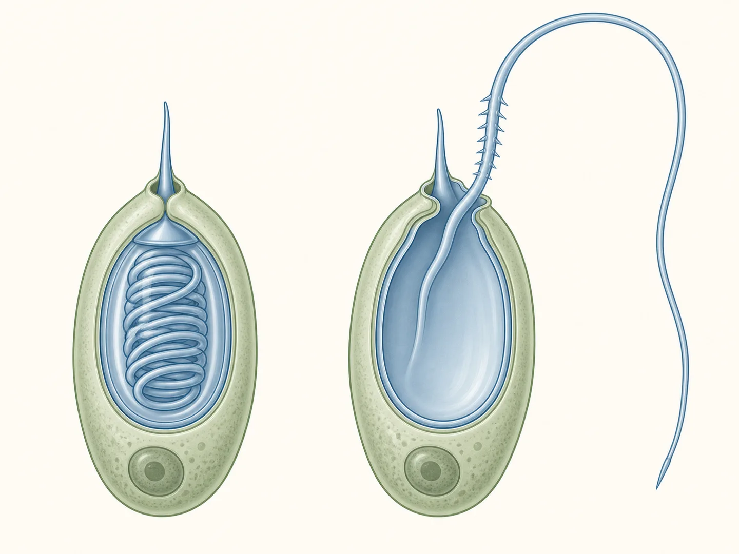 Cnidocyte intact puis déchargé, avec tubule enroulé dans la capsule puis retourné vers l’extérieur