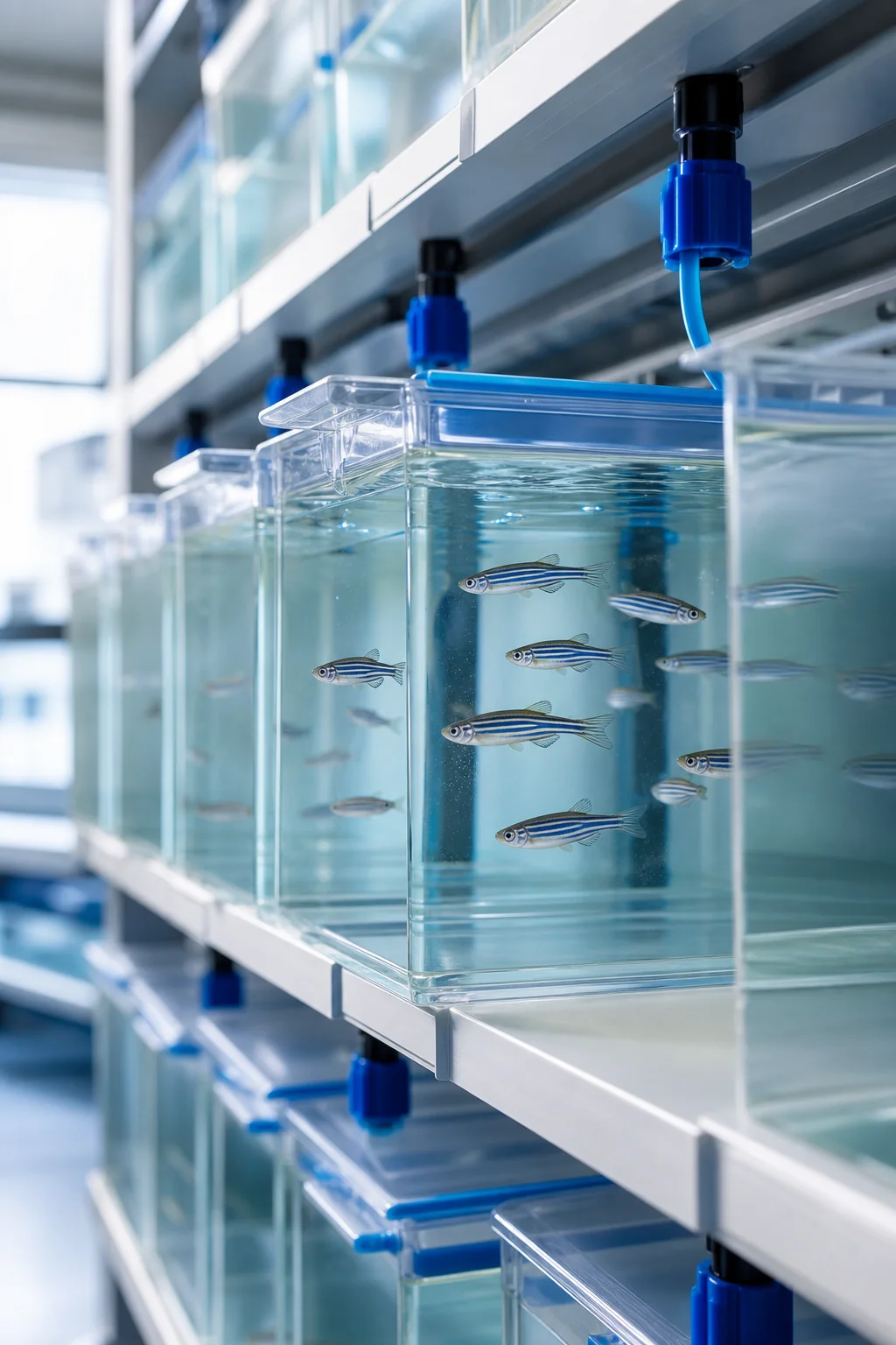 Aquarium de poissons-zèbres dans un laboratoire de recherche aquatique