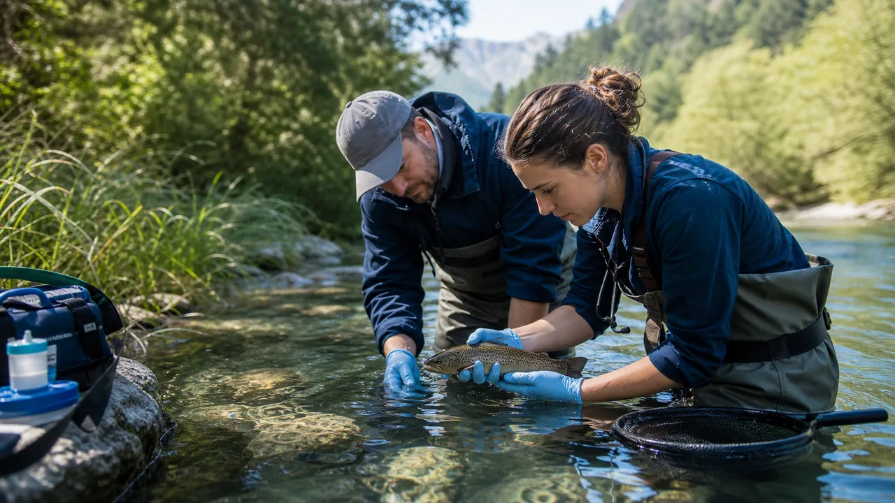 Équipe vétérinaire réalisant un suivi sanitaire des poissons en rivière