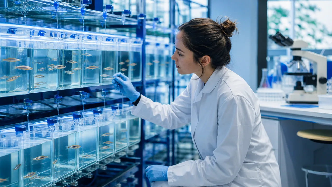 Chercheuse observant des poissons-zèbres dans un laboratoire aquatique