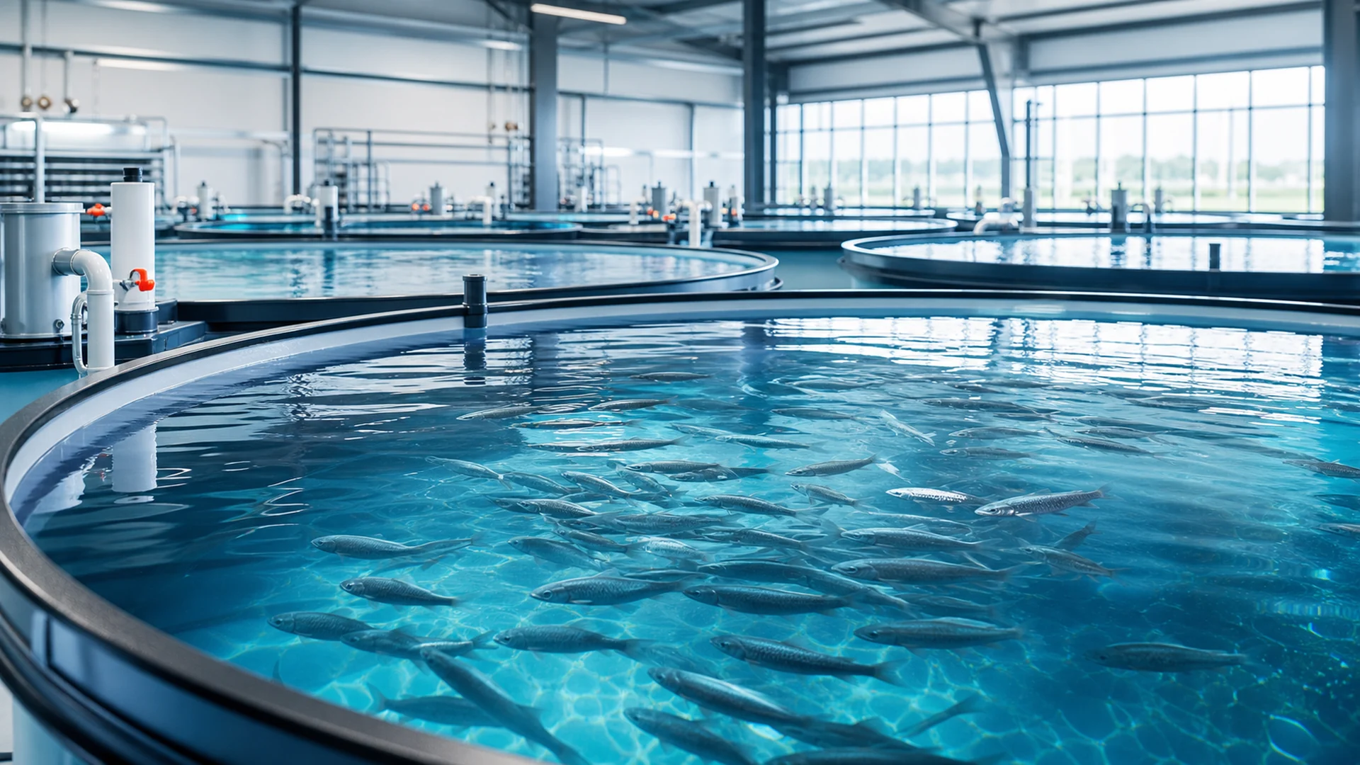 Installation aquacole propre avec bassins circulaires et poissons