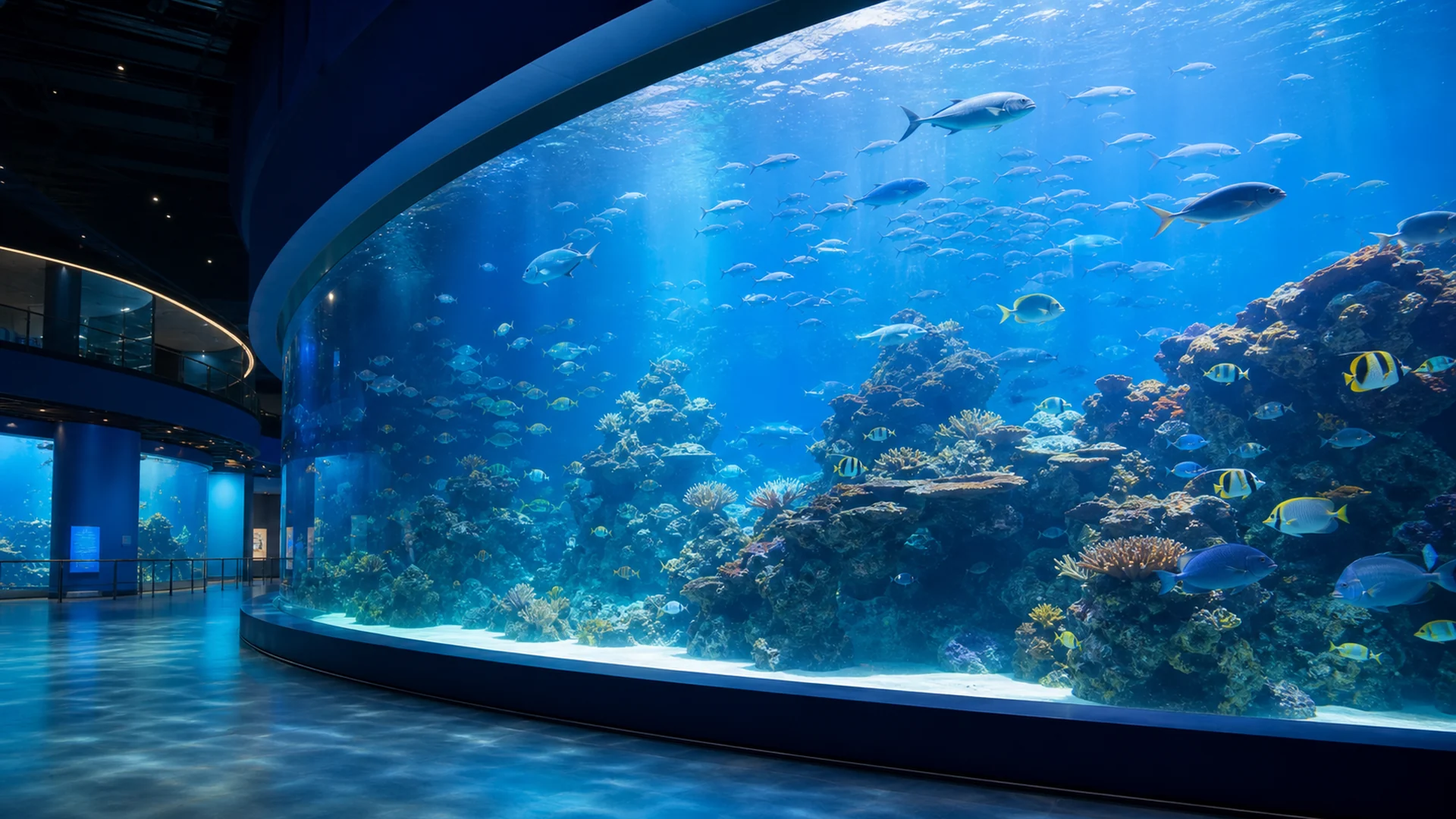 Grand bassin d'aquarium public avec poissons et décor récifal