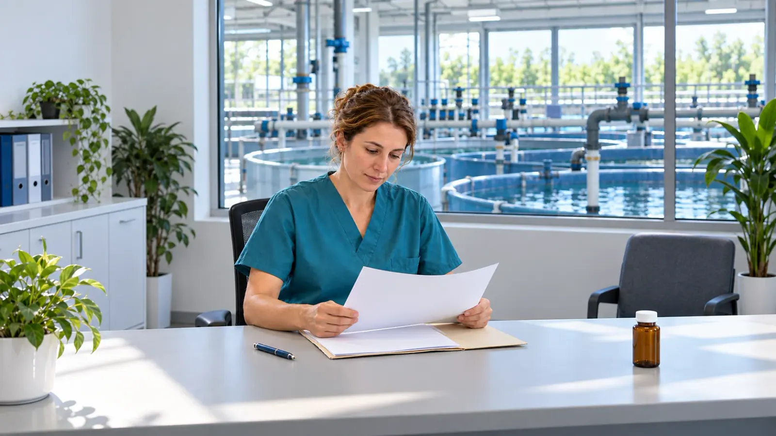Veterinarian reviewing documents at a desk, with aquaculture tanks visible through an interior window