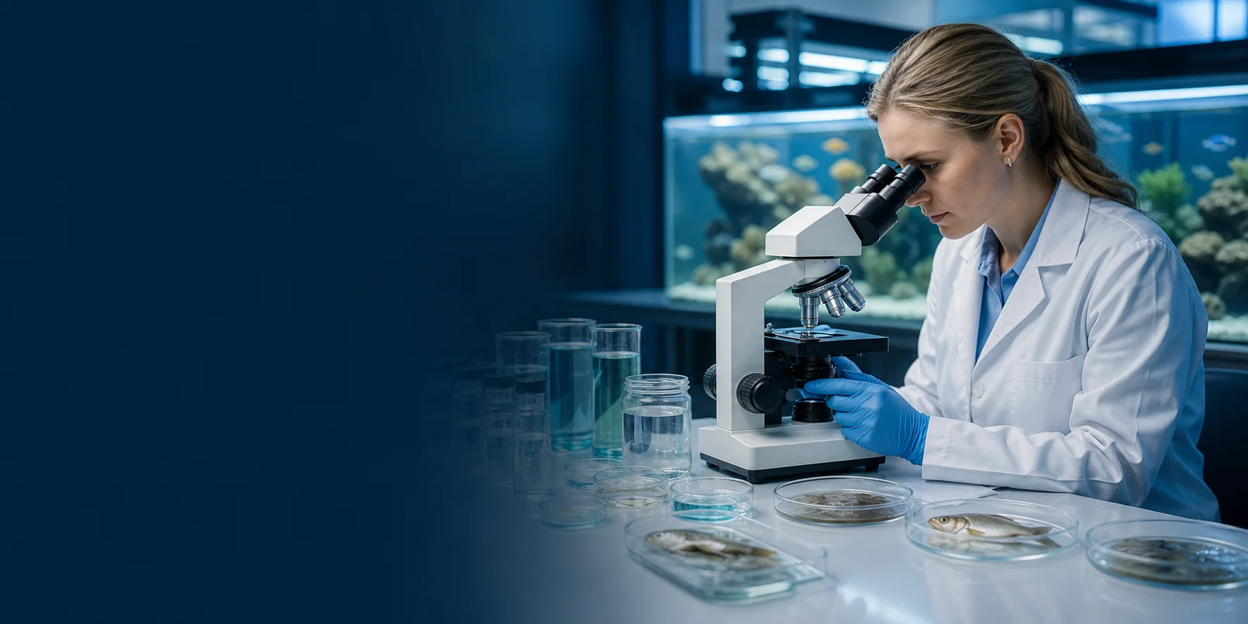 Spécialiste réalisant une analyse au microscope en laboratoire aquatique
