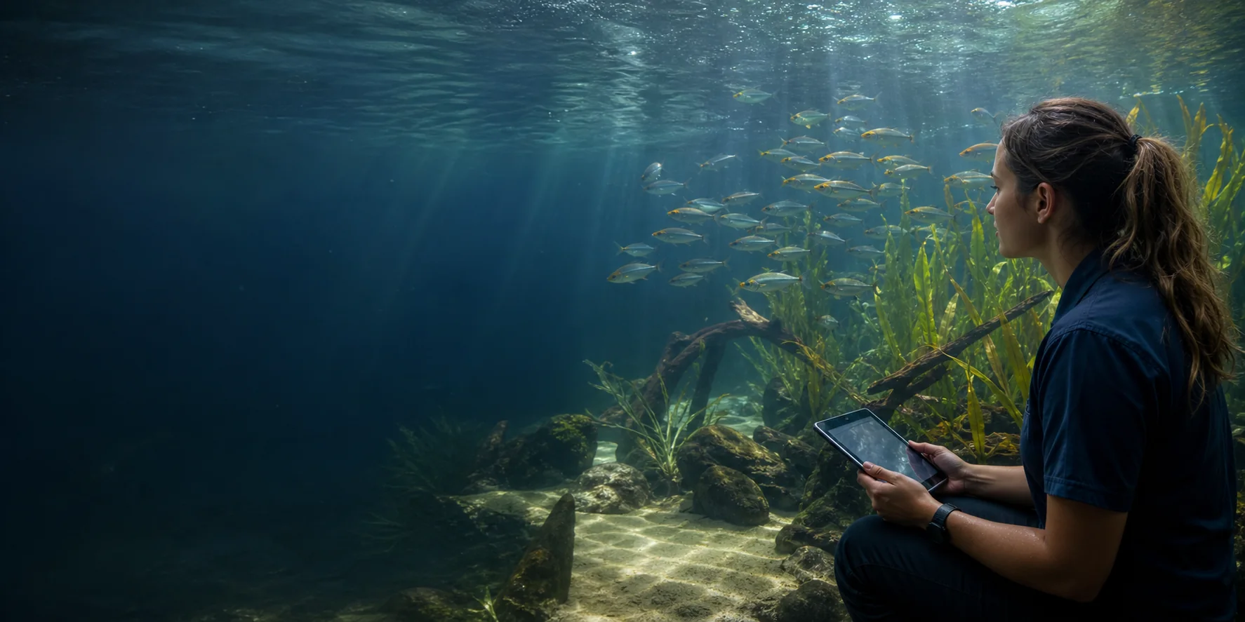 Professionnelle observant le comportement de poissons dans un habitat enrichi
