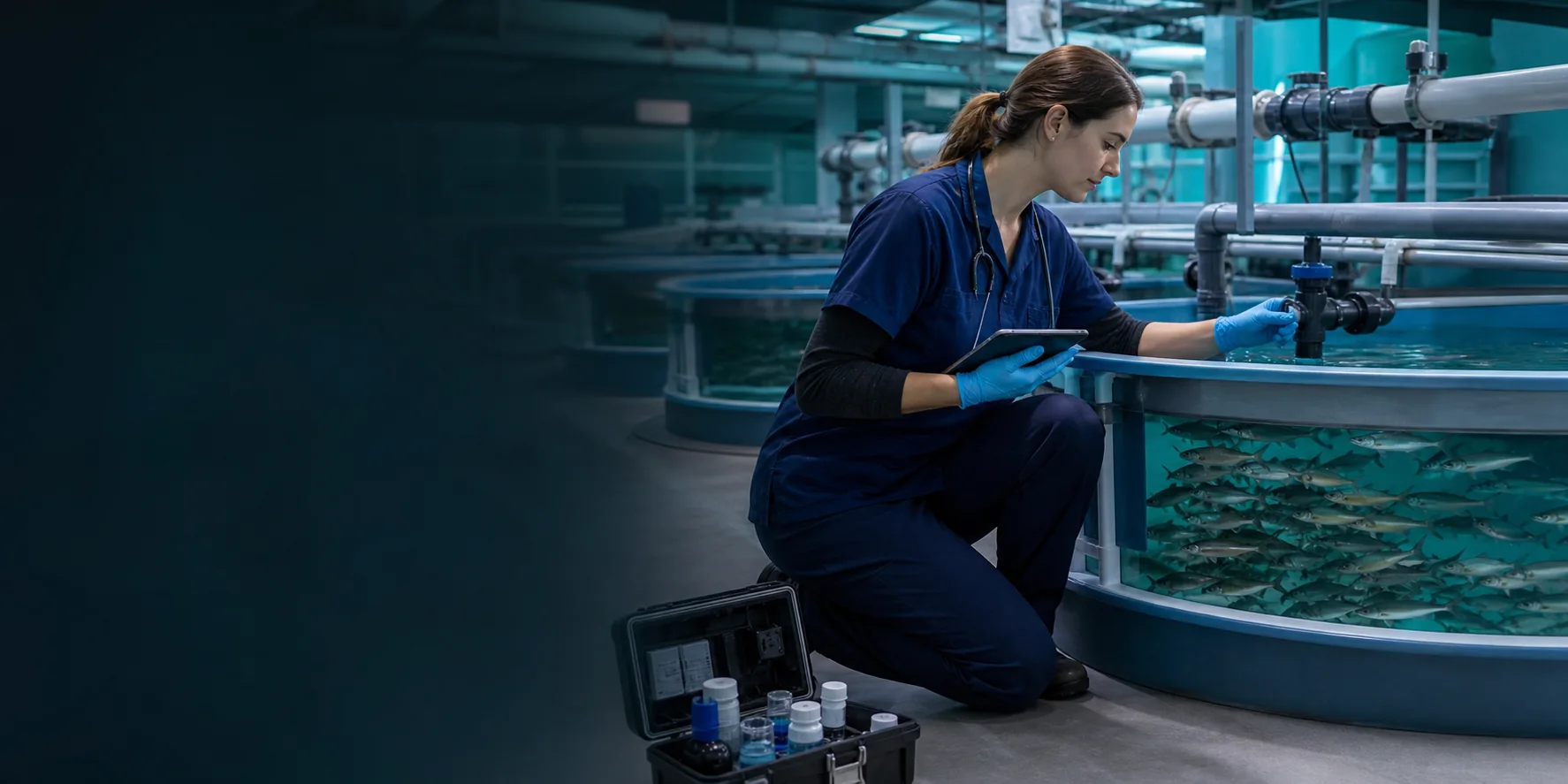 Vétérinaire réalisant un audit sanitaire dans une installation aquacole
