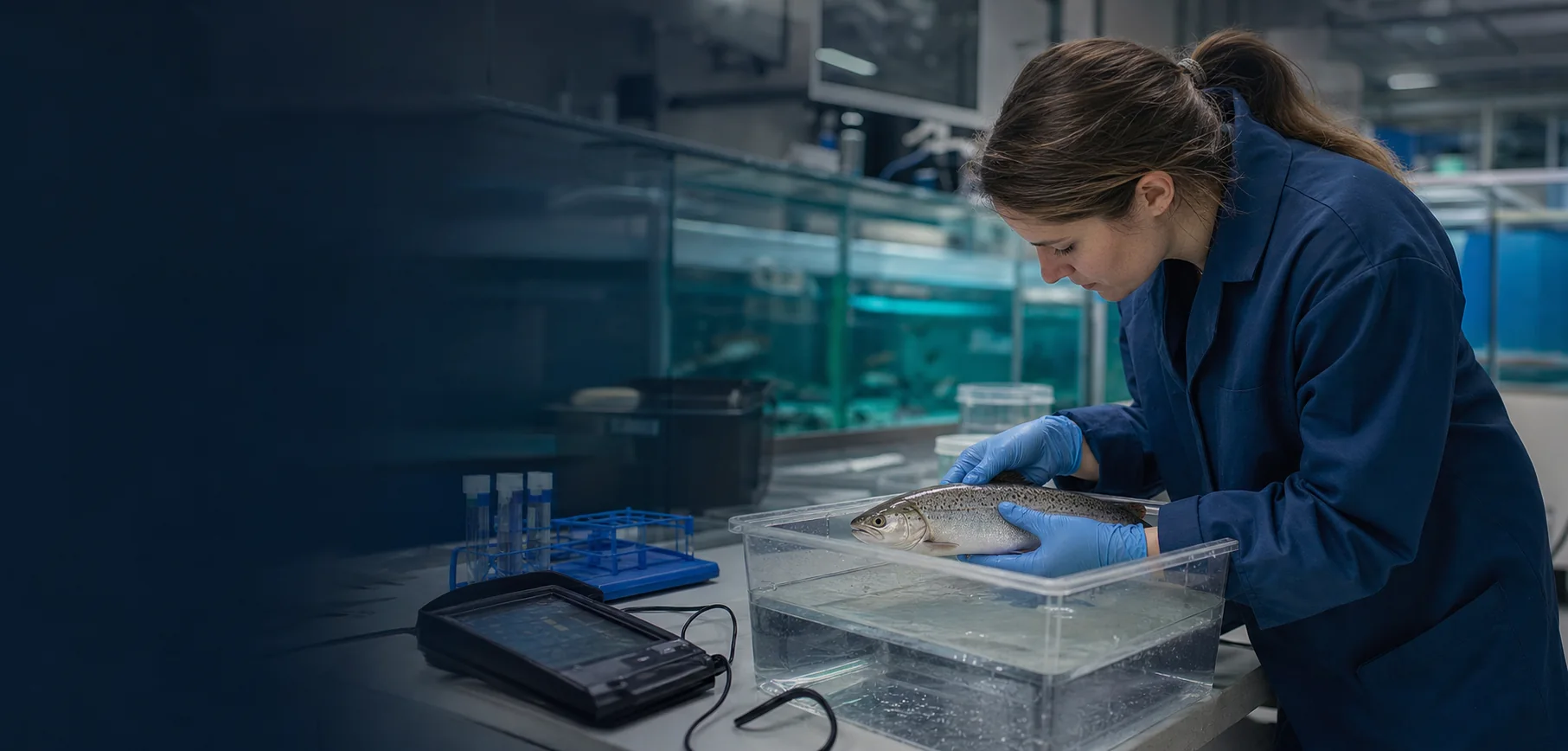 Vétérinaire examinant un poisson dans une installation aquatique