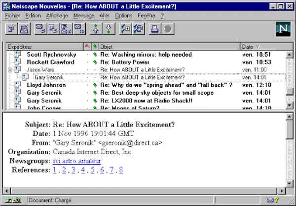 Interface Netscape de consultation d'un groupe de nouvelles Usenet au début des années 2000
