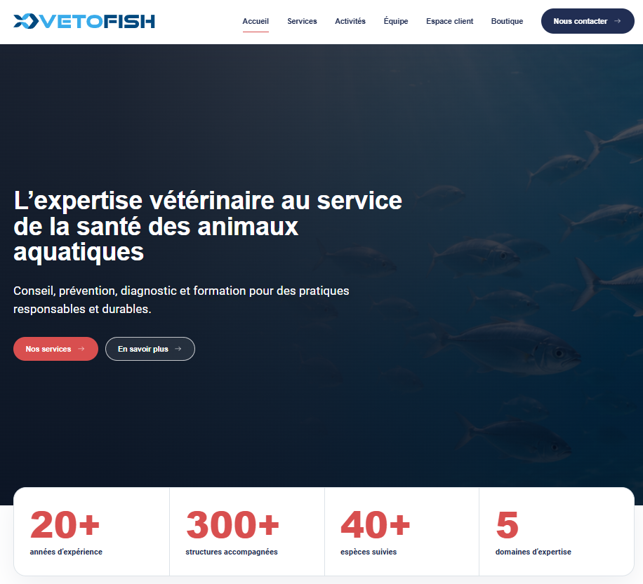 Page d’accueil du nouveau site internet institutionnel Vetofish en 2026