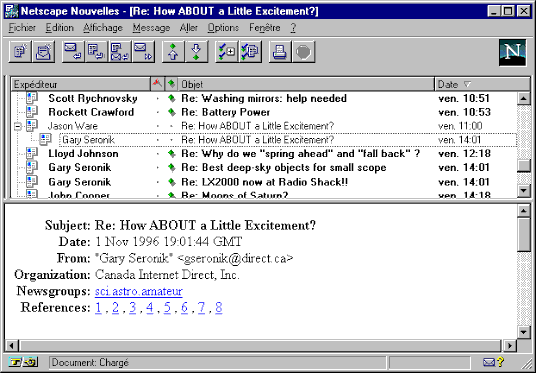 Interface Netscape de consultation d'un groupe de nouvelles Usenet au début des années 2000