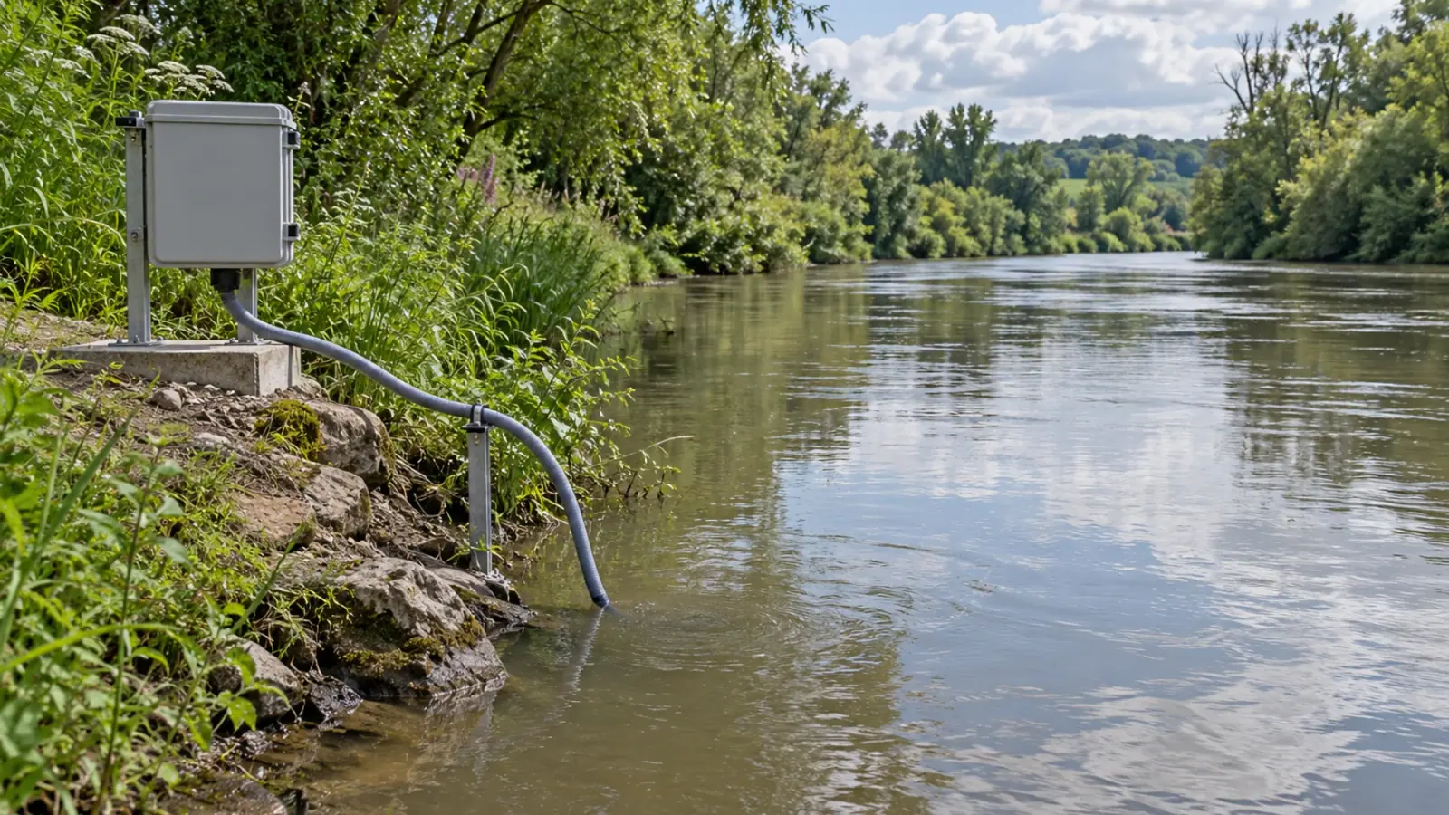 Échantillonneur d’eau autonome installé sur une berge de rivière avec une prise d’eau immergée.