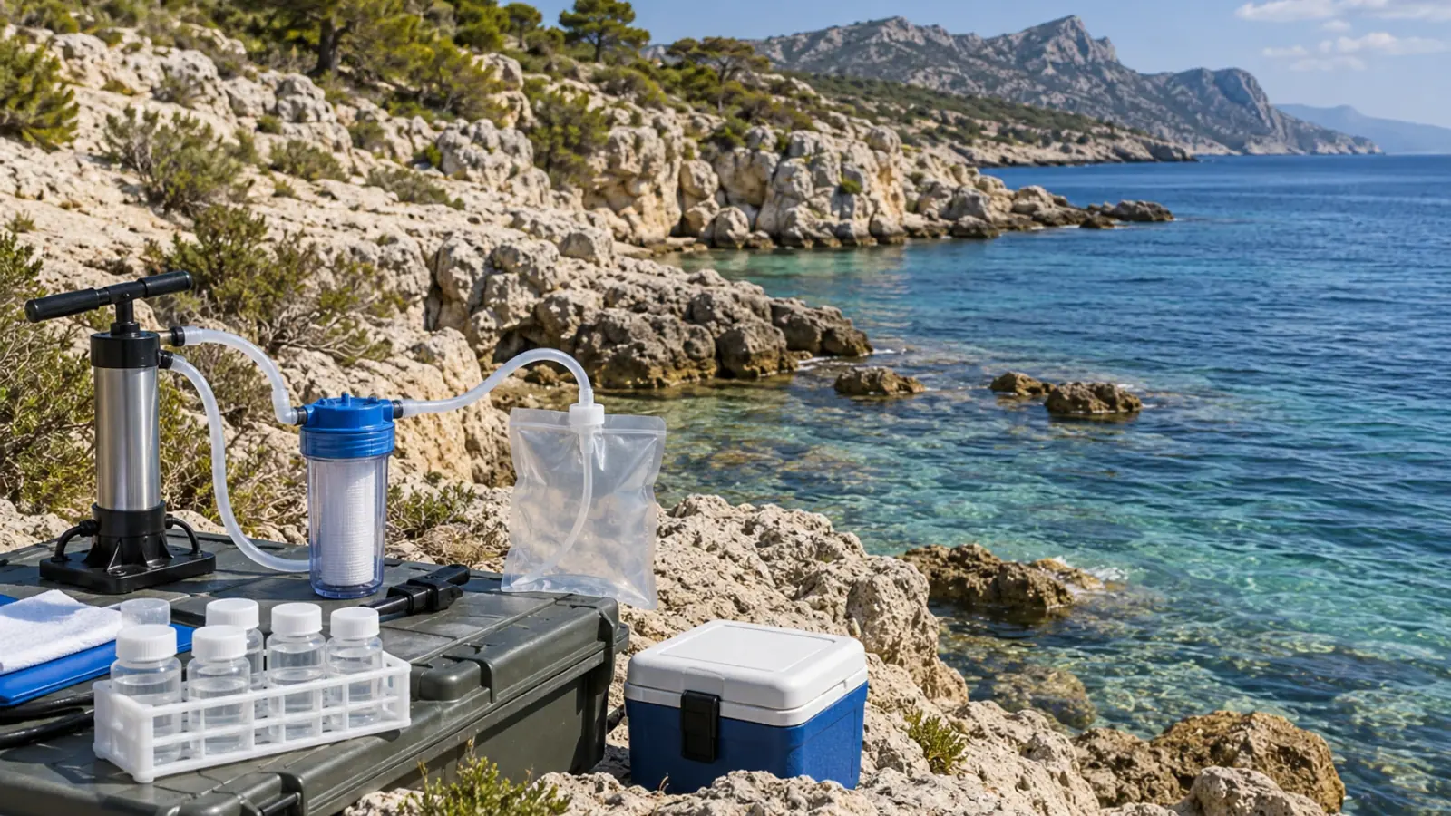 Matériel de filtration et flacons fermés pour l’échantillonnage d’ADN environnemental sur une rive rocheuse méditerranéenne.