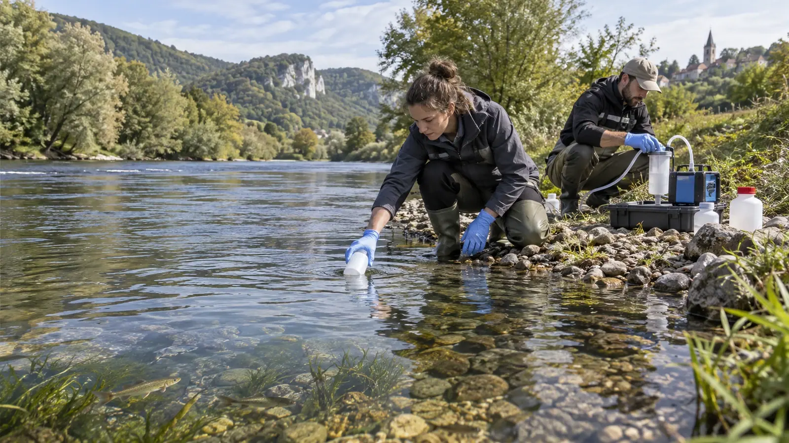 Équipe prélevant de l’eau en rivière pour une analyse d’ADN environnemental