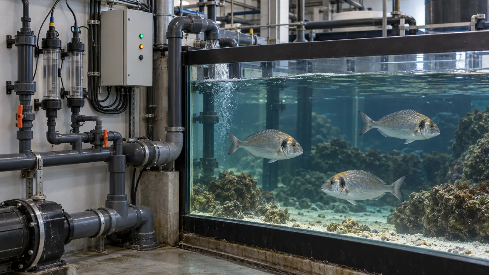 Local technique d’un aquarium public avec sondes d’eau, tuyauteries et armoire de surveillance fermée, poissons visibles dans le bassin adjacent.