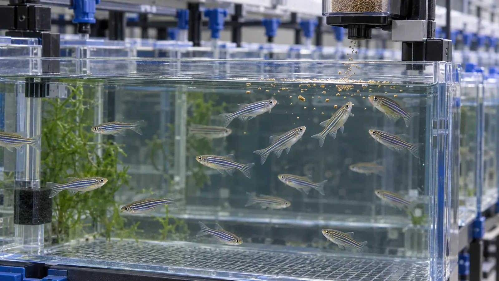 Poissons-zèbres adultes dans un bac d’animalerie aquatique pendant une distribution mesurée d’aliment