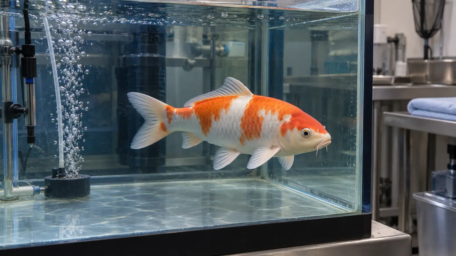 Koi carp under observation in an oxygenated clinical tank with a water-quality probe at the side.