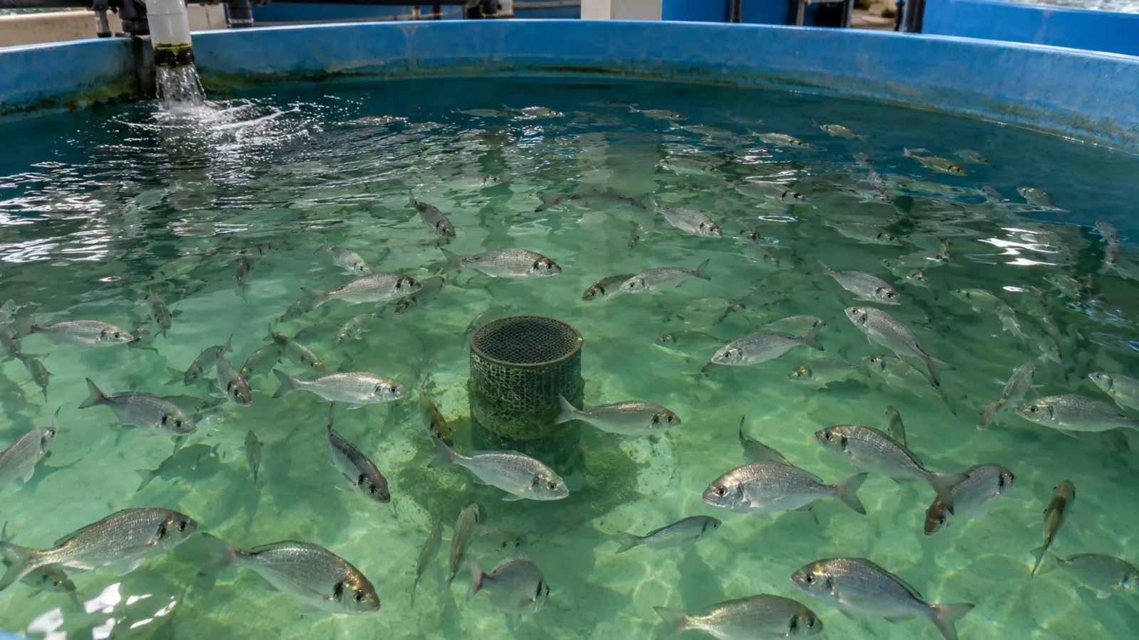 Juvéniles de daurade royale dans un bassin circulaire d’écloserie marine en activité.