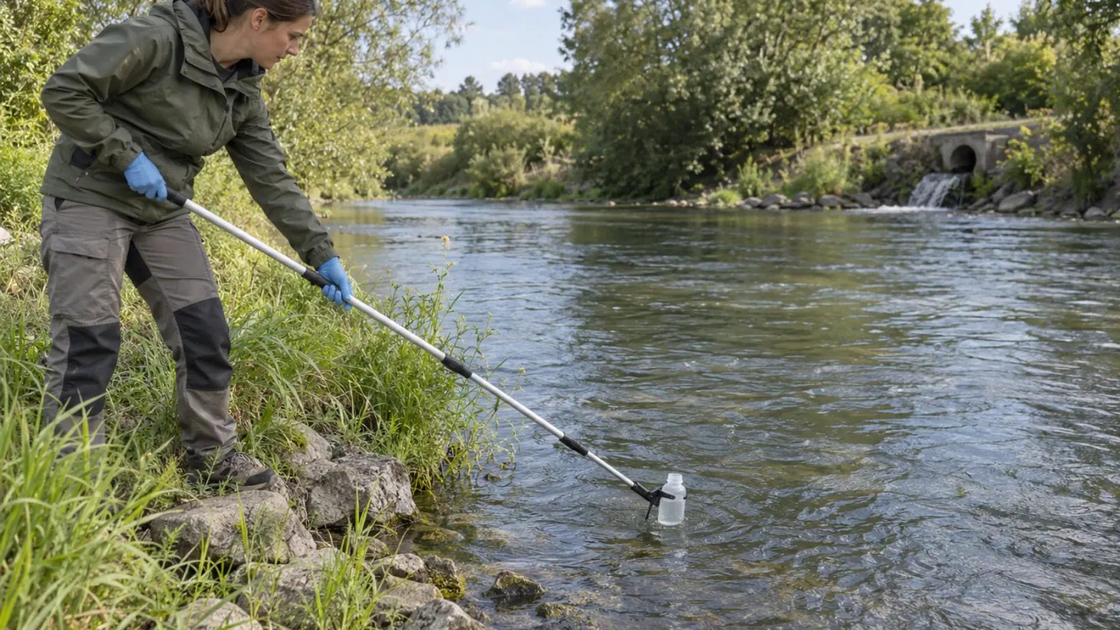 Prélèvement d’eau depuis la berge d’une rivière près d’un rejet traité.