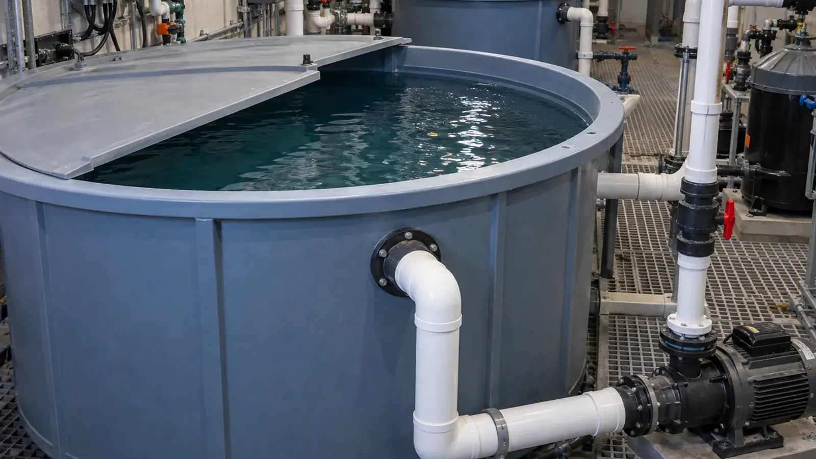 Cuve d’eau de mer en préparation dans le local technique d’un aquarium public.