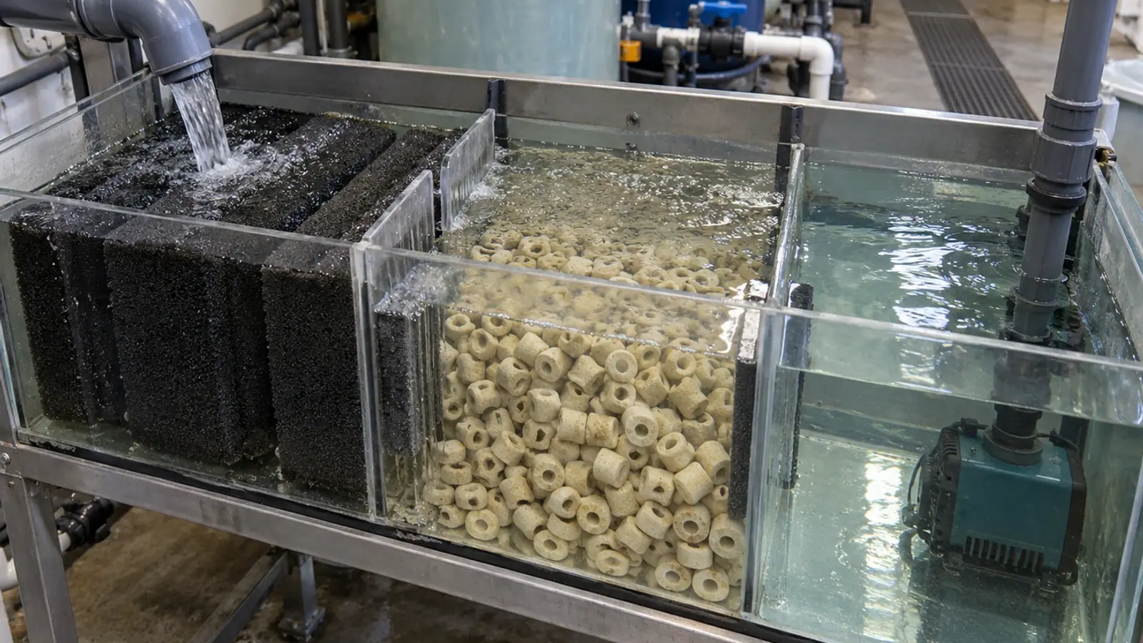 Filtration technique d’un aquarium public avec mousses et supports céramiques dans des compartiments distincts.