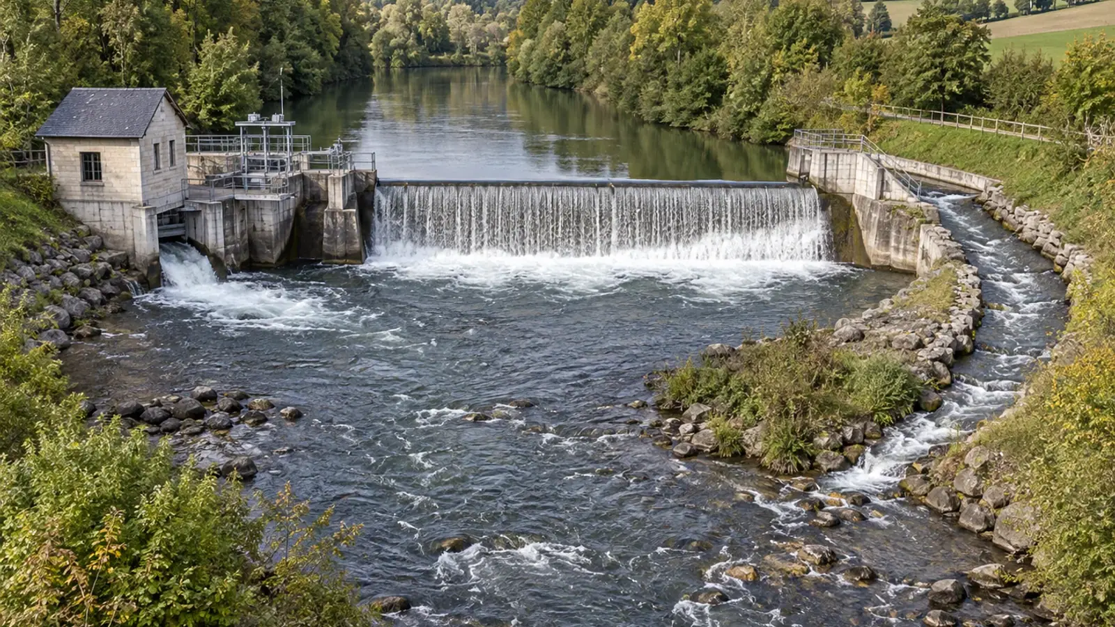Ouvrage hydroélectrique et chenal de contournement dans un cours d’eau tempéré.