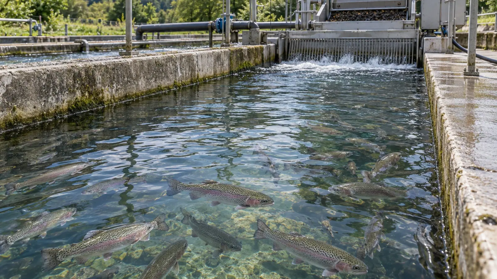 Truites arc-en-ciel dans un raceway de pisciculture équipé pour la circulation et la séparation des solides.
