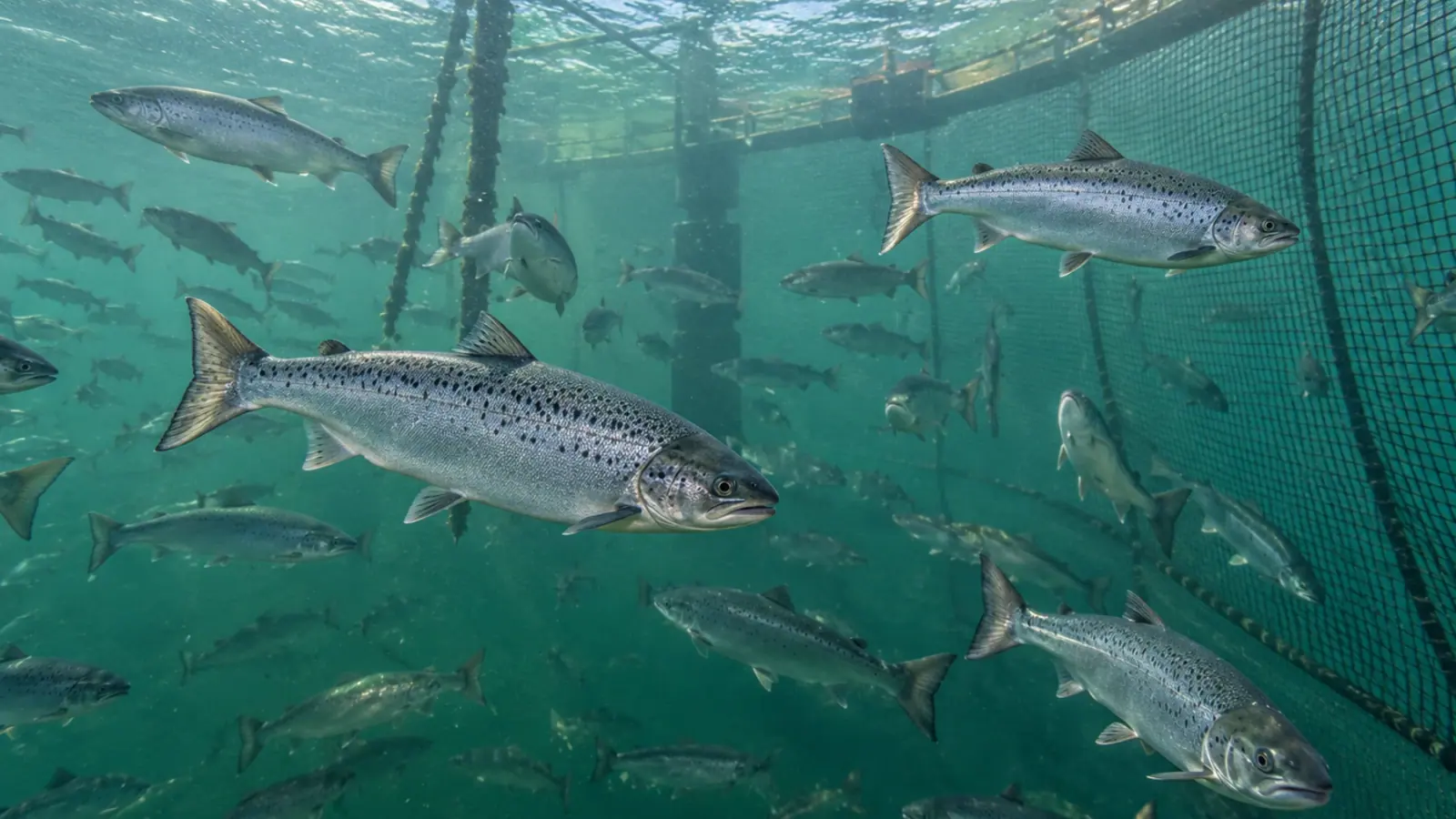 Saumons atlantiques de tailles variées nageant à différentes profondeurs dans une cage marine d’élevage équipée.