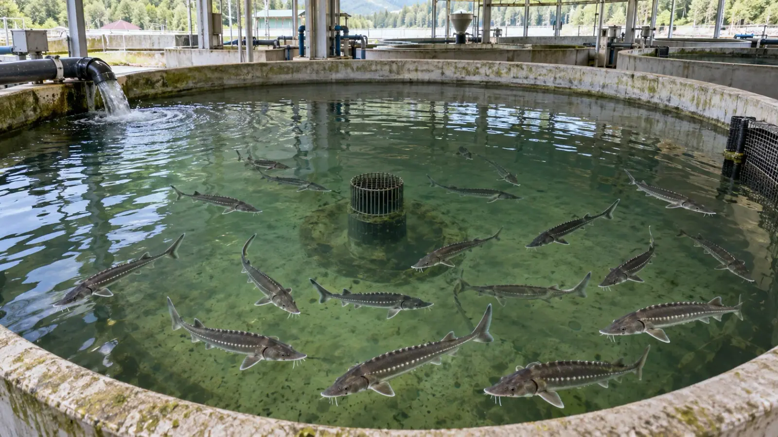 Esturgeons sibériens juvéniles dans un bassin circulaire d’élevage sous abri