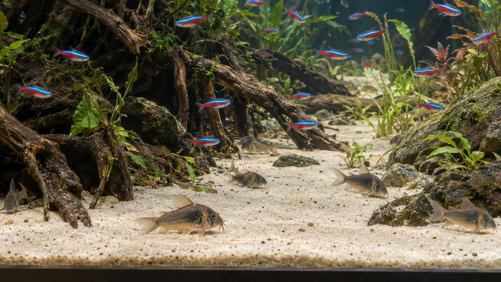 Tétras cardinaux et poissons de fond dans un aquarium planté offrant plusieurs espaces de vie.