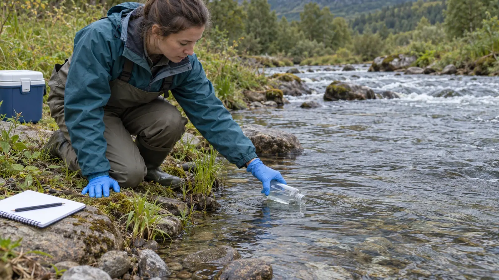 Prélèvement d’eau en rivière depuis une berge accessible, sans capture de poissons.