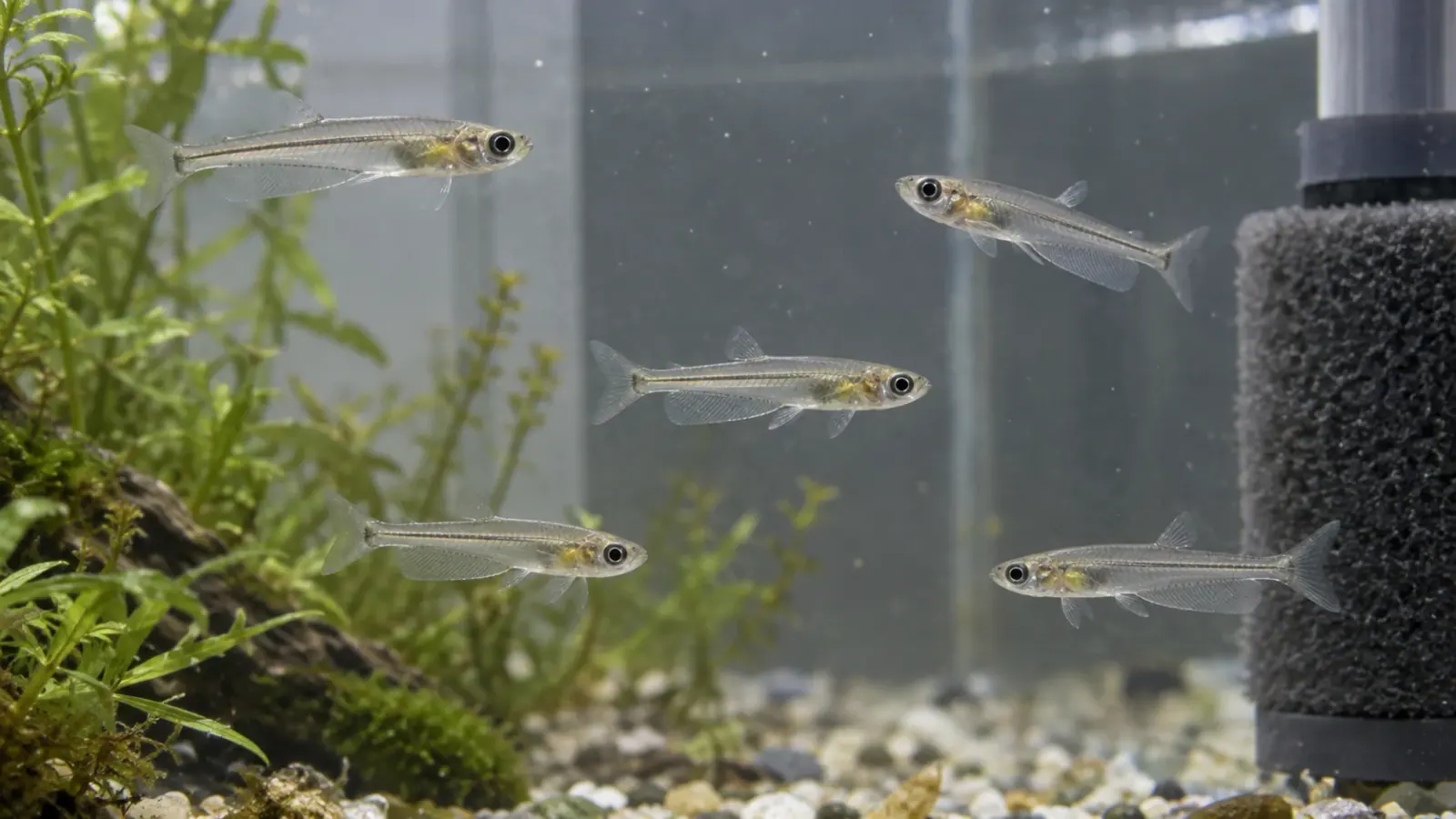 Petits Danionella cerebrum translucides nageant dans un bac d’animalerie aquatique