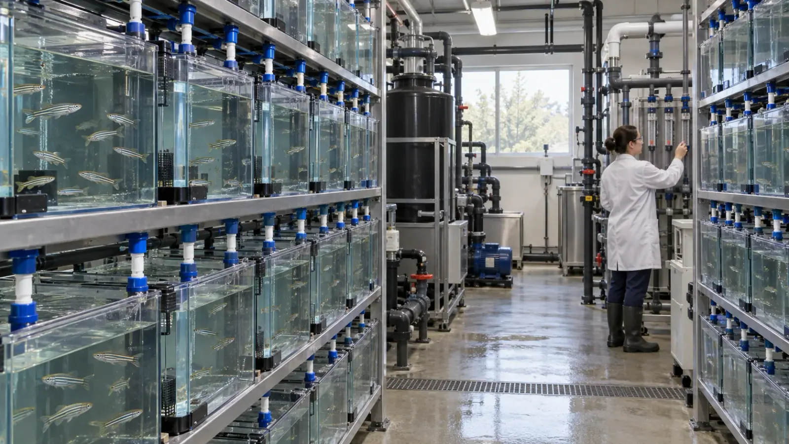 Rangées de bacs de poissons-zèbres et circuit d’eau dans une animalerie de recherche