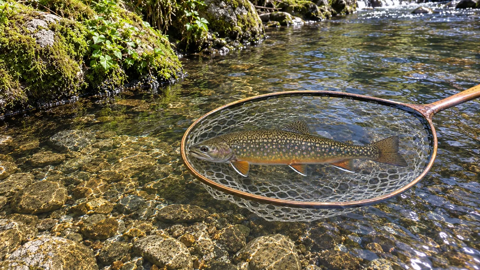 Saumon de fontaine dans une épuisette à mailles sans nœuds maintenue immergée au bord d’un cours d’eau.