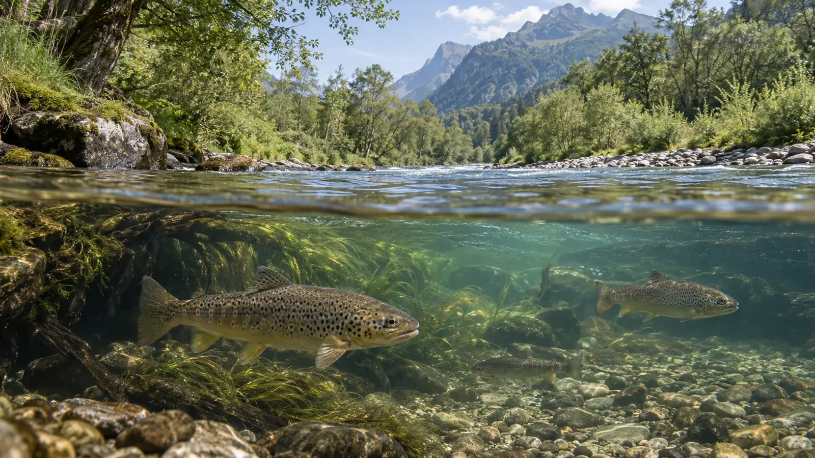 Rivière d'eau douce avec poissons sauvages et zones de végétation aquatique