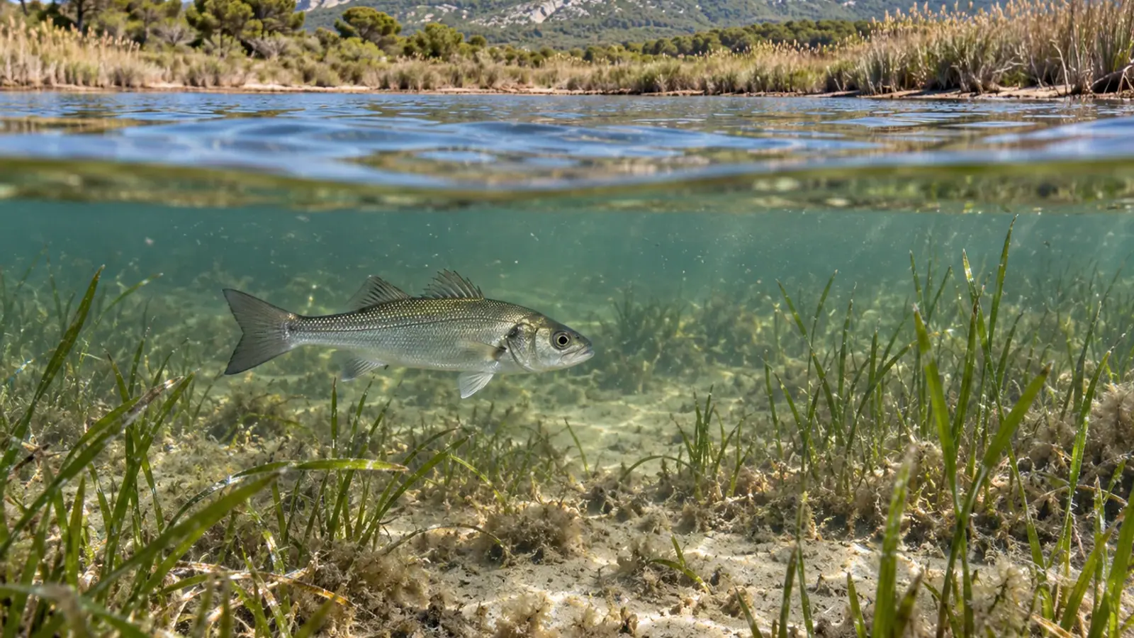 Vue d’une lagune méditerranéenne avec herbier peu profond et un poisson nageant près de la rive.