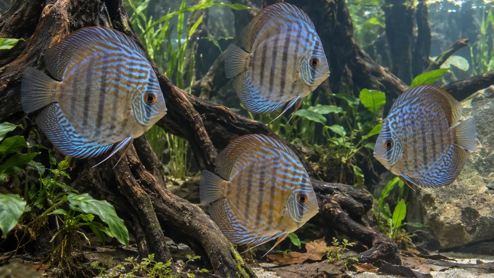 Poissons-discus aux silhouettes intactes nageant dans un grand bassin planté d’aquarium public.