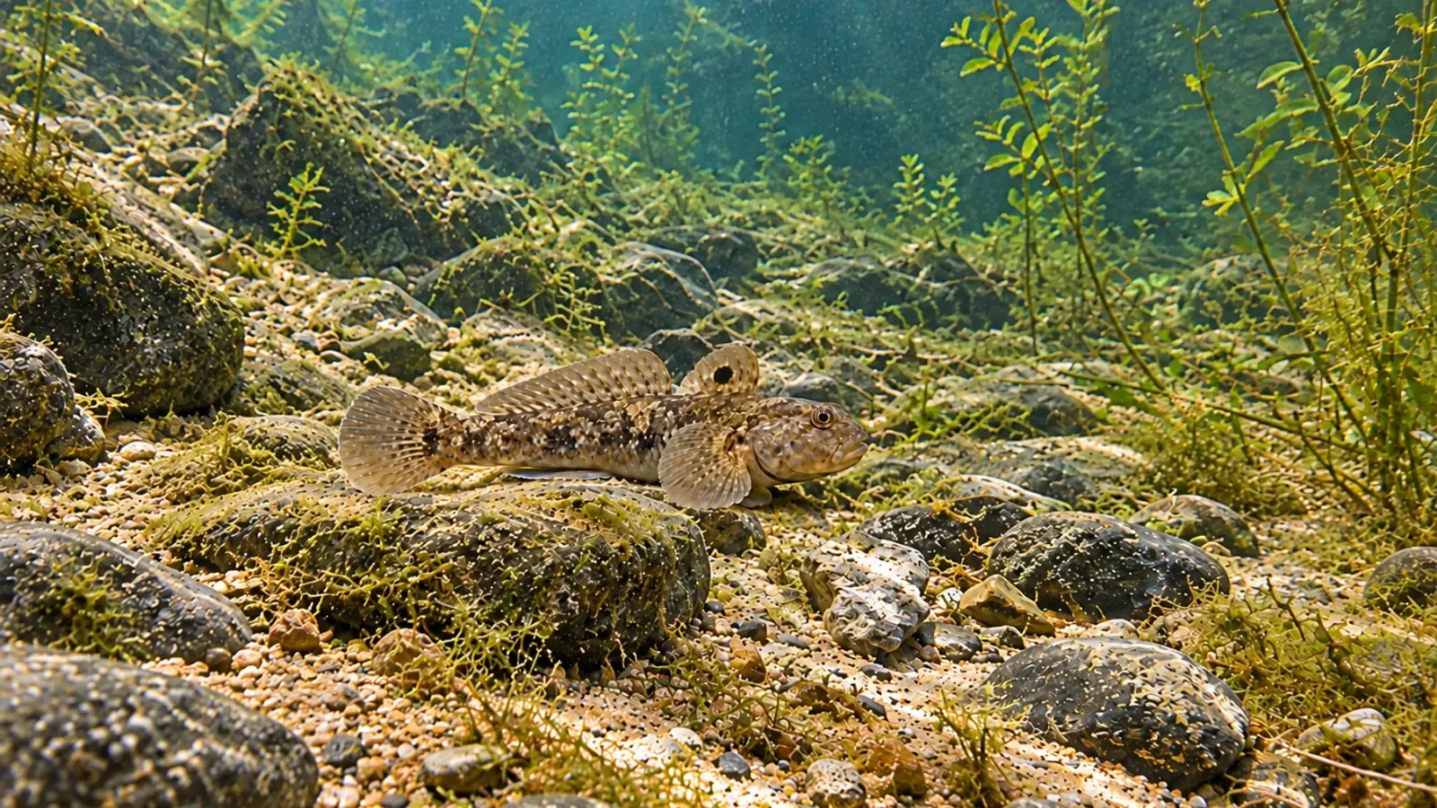 Gobie à tache noire posé sur une pierre dans un milieu fluvial.