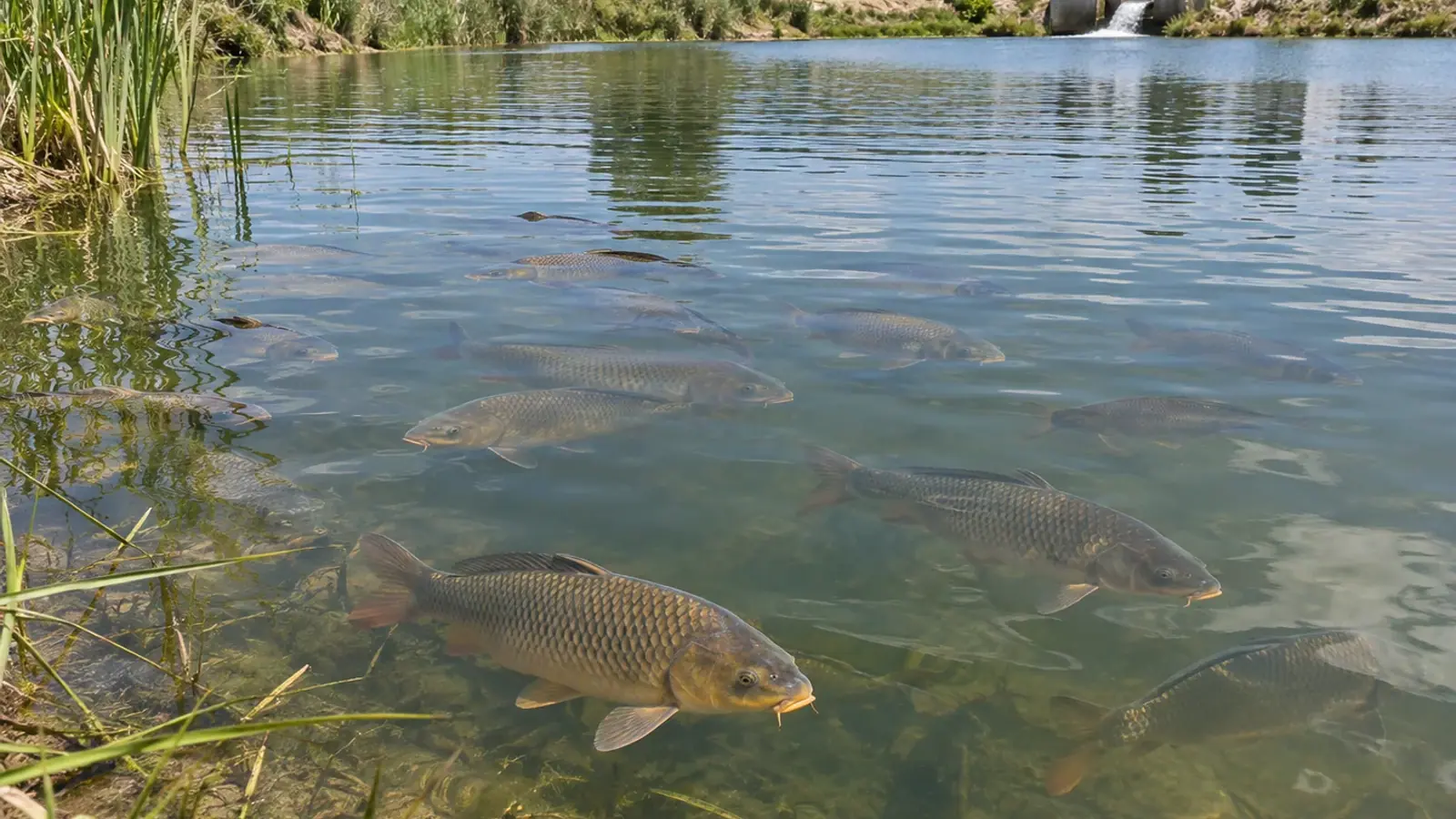 Carpes communes dans un bassin d’élevage avec arrivée d’eau et berge végétalisée.