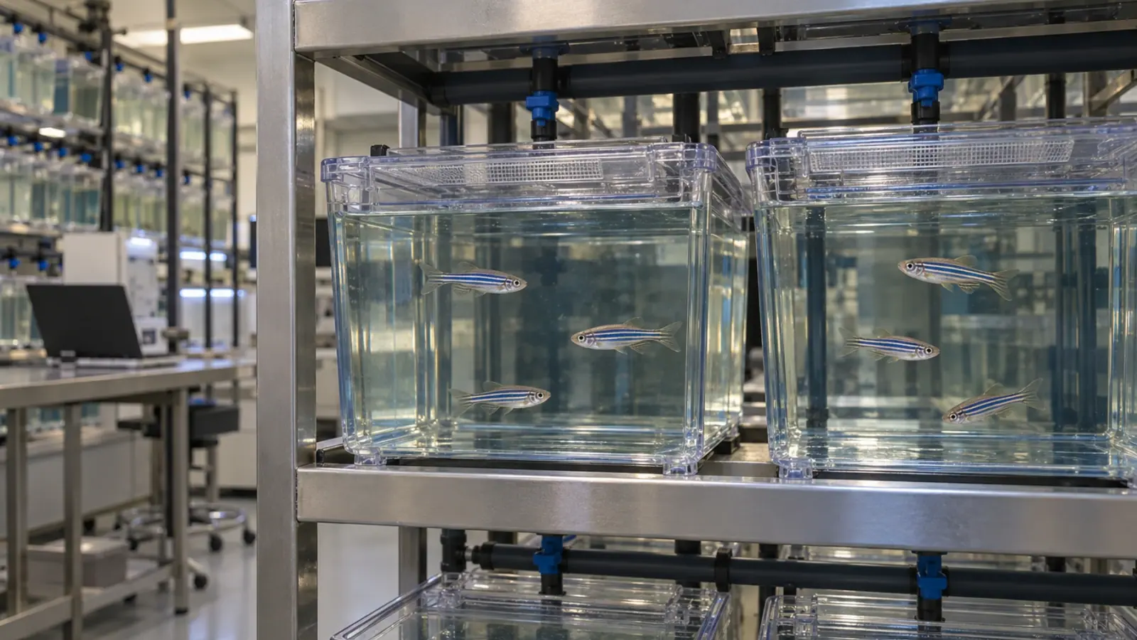 Poissons-zèbres dans des bacs d’animalerie près d’un poste informatique.
