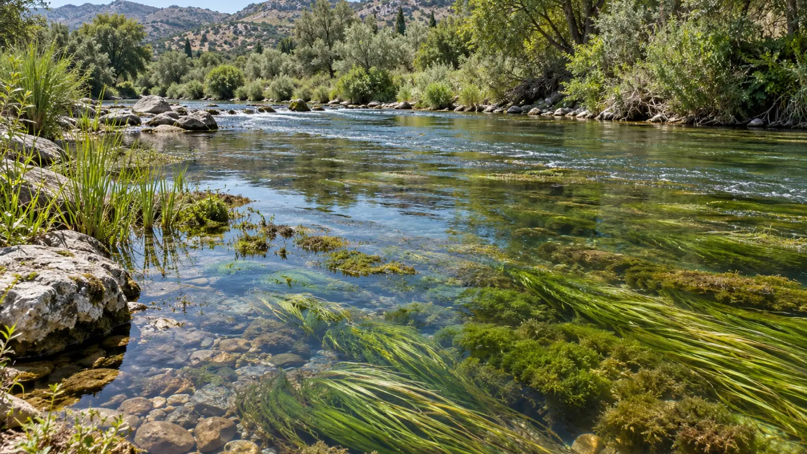 Végétation aquatique et mosaïque d’habitats dans une rivière méditerranéenne suivie depuis la berge.
