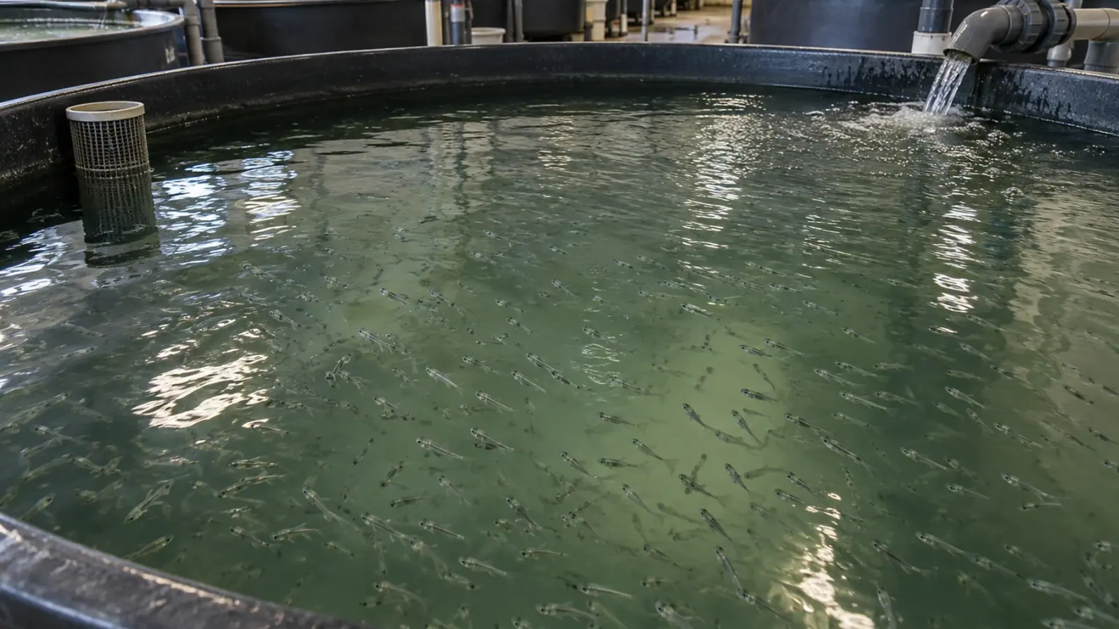 Larves de poissons dans un bassin équipé d’une écloserie marine