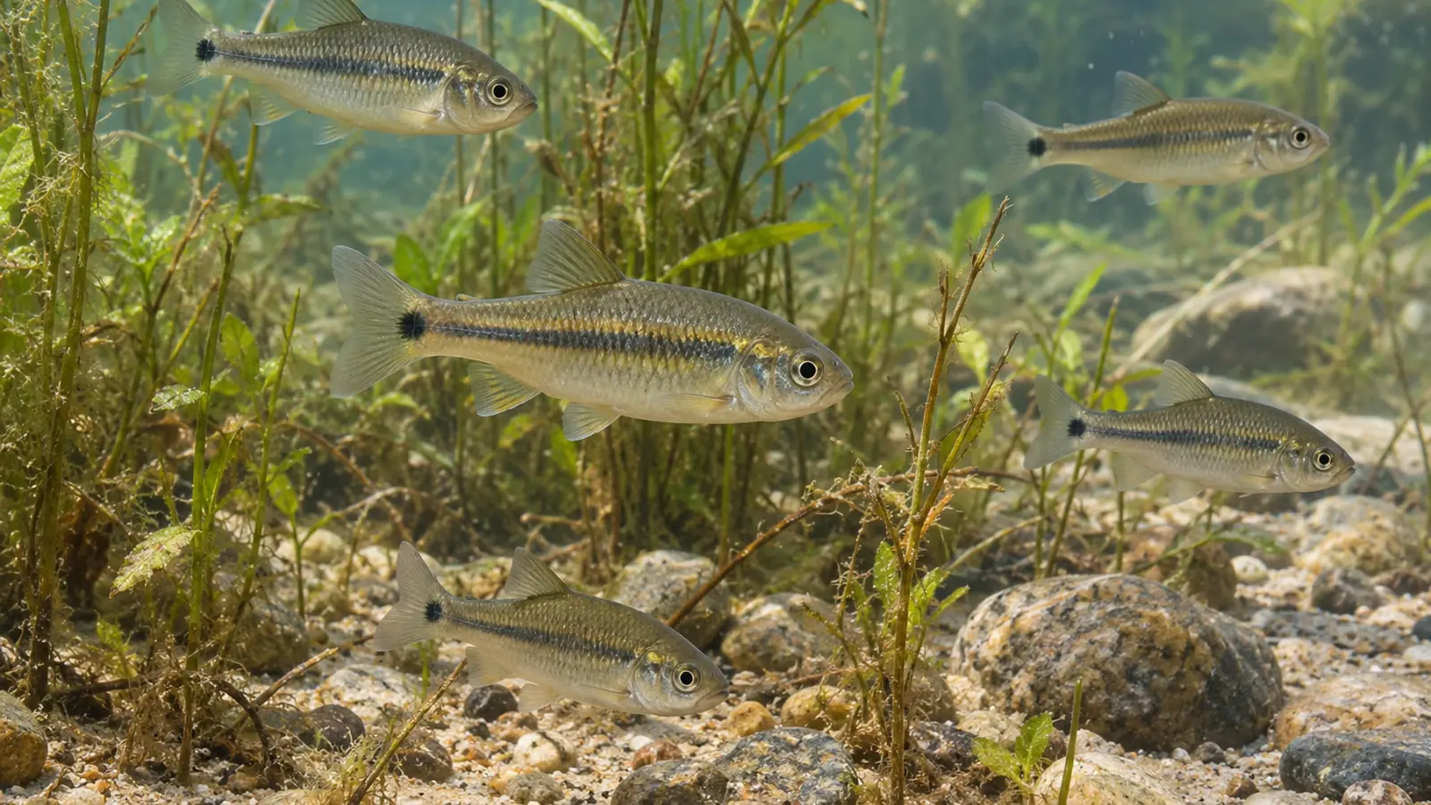 Petits Pimephales promelas nageant dans une zone peu profonde d’un lac nord-américain, parmi des plantes aquatiques et des galets.