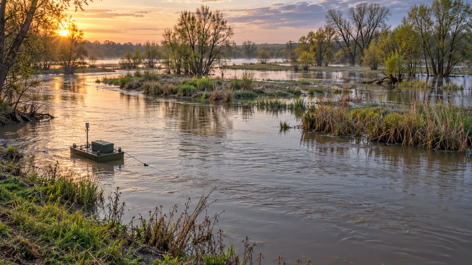 Connexion naturelle entre un chenal de rivière et une plaine inondable au printemps, avec une petite plateforme de suivi.
