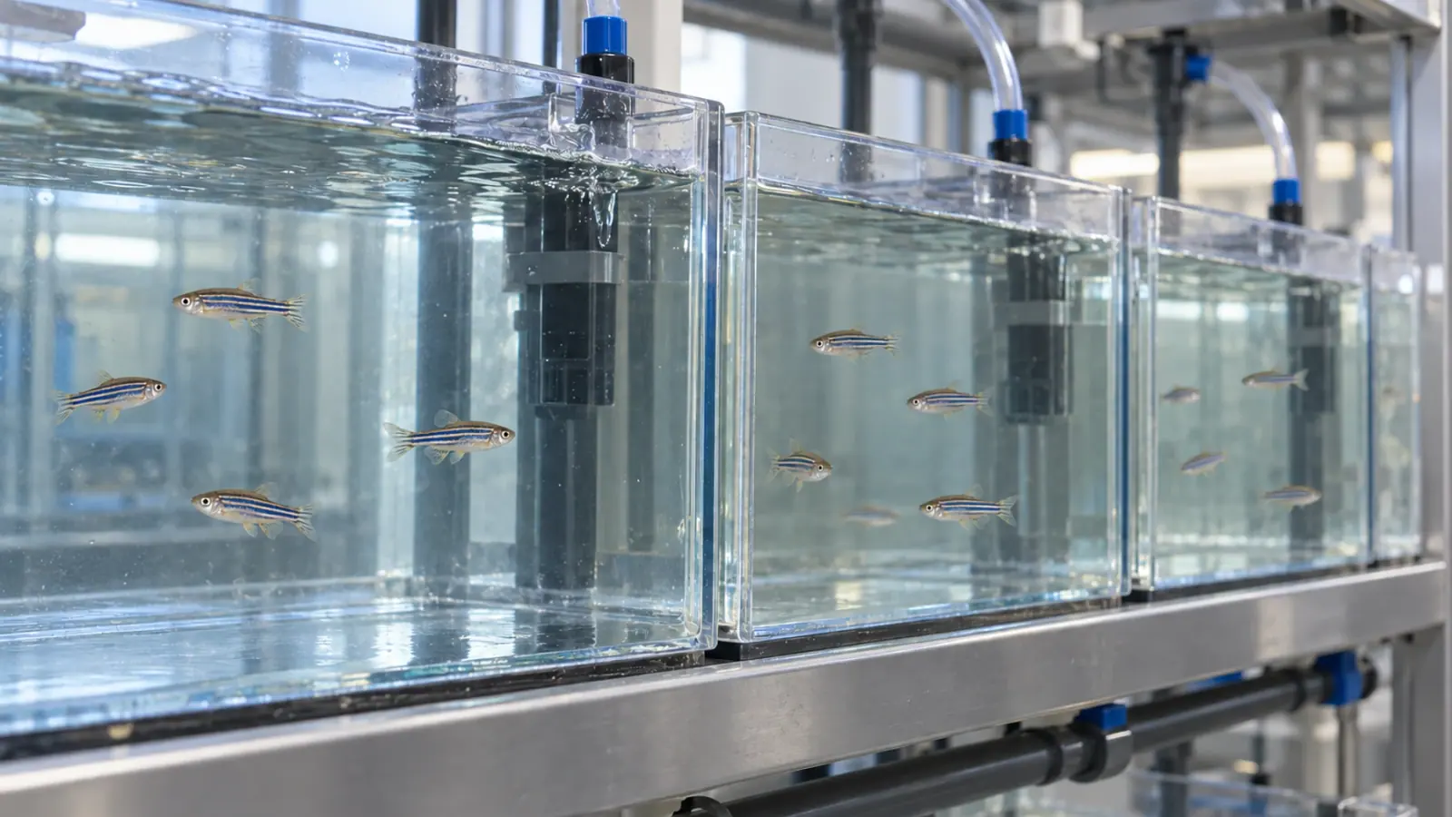 Poissons-zèbres adultes dans plusieurs bacs distincts d’une animalerie de recherche.