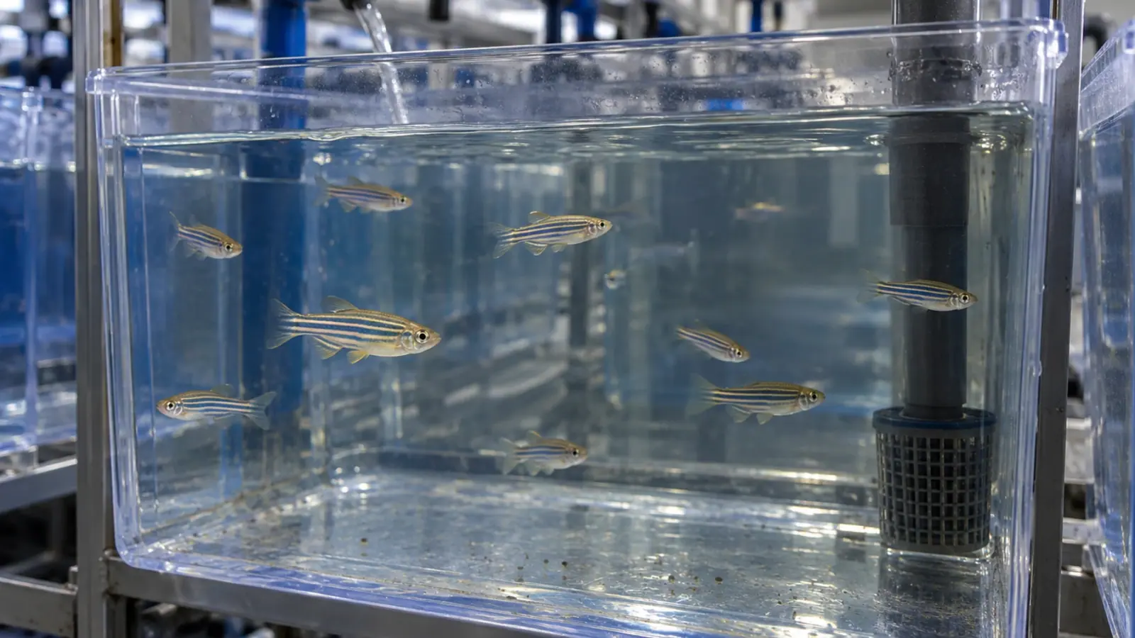 Adult zebrafish in a husbandry tank connected to a recirculating research facility system.