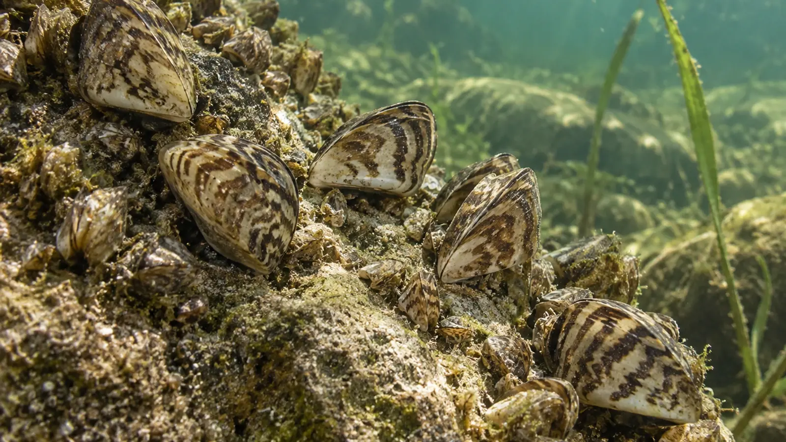 Moules zébrées fixées sur une pierre immergée au bord d’un réservoir d’eau douce.