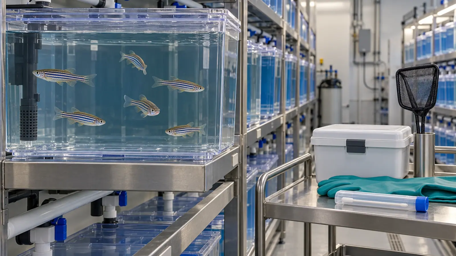 Bacs de poissons-zèbres et matériel dédié rangé sur un chariot dans une animalerie aquatique