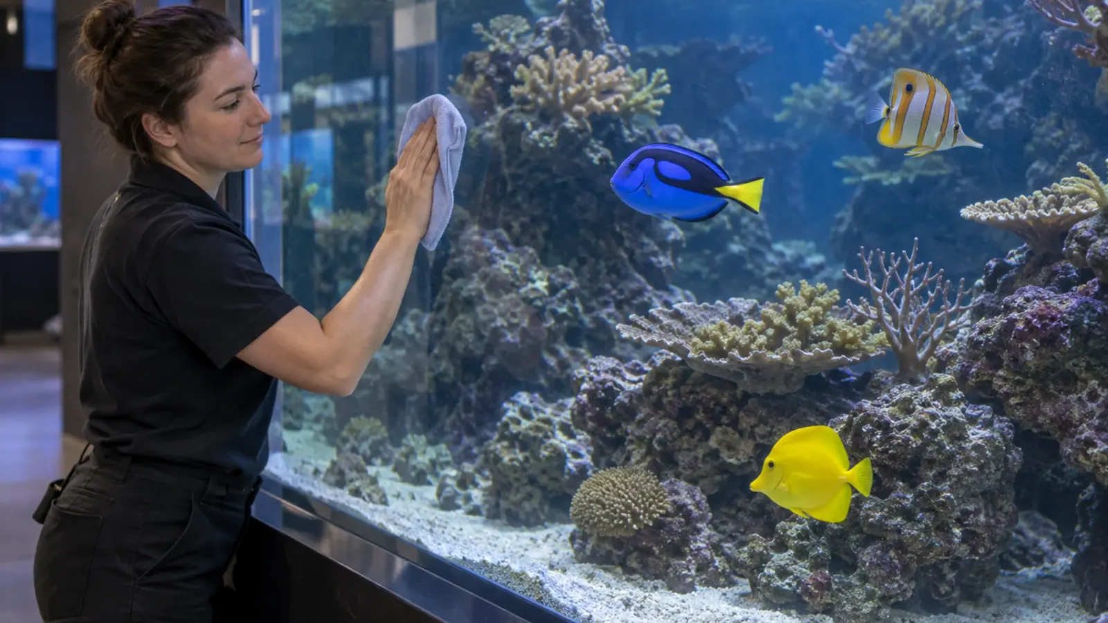 Soigneuse nettoyant l’extérieur d’une vitre d’exposition pendant que des poissons nagent dans le bassin.