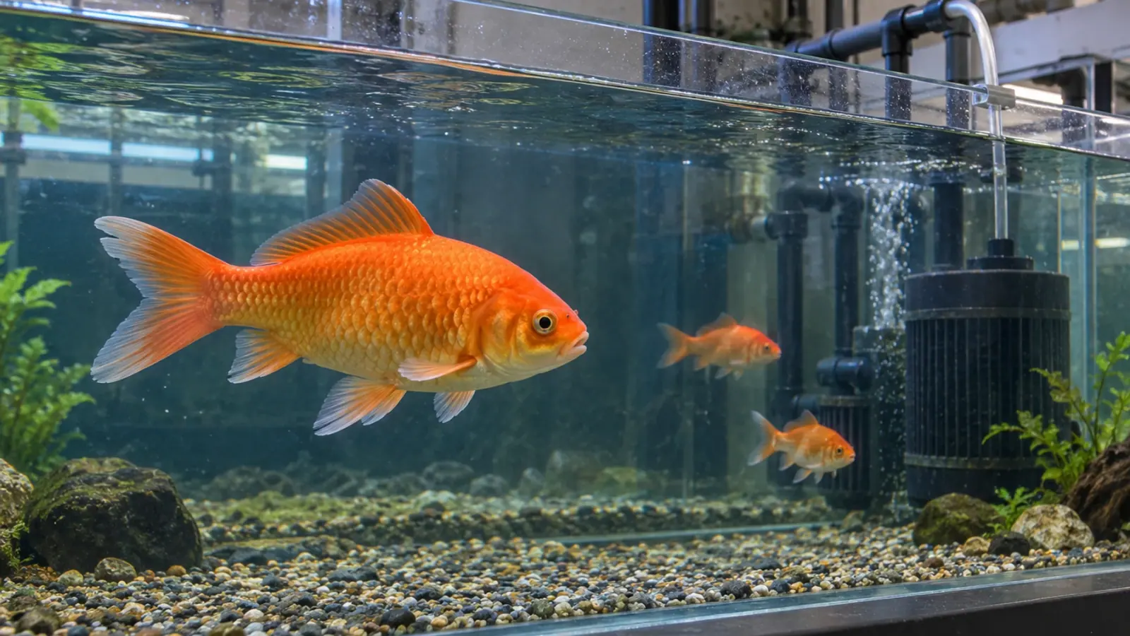 Bassin d’aquarium public avec des poissons rouges et une conduite de prélèvement d’eau dans l’espace technique.